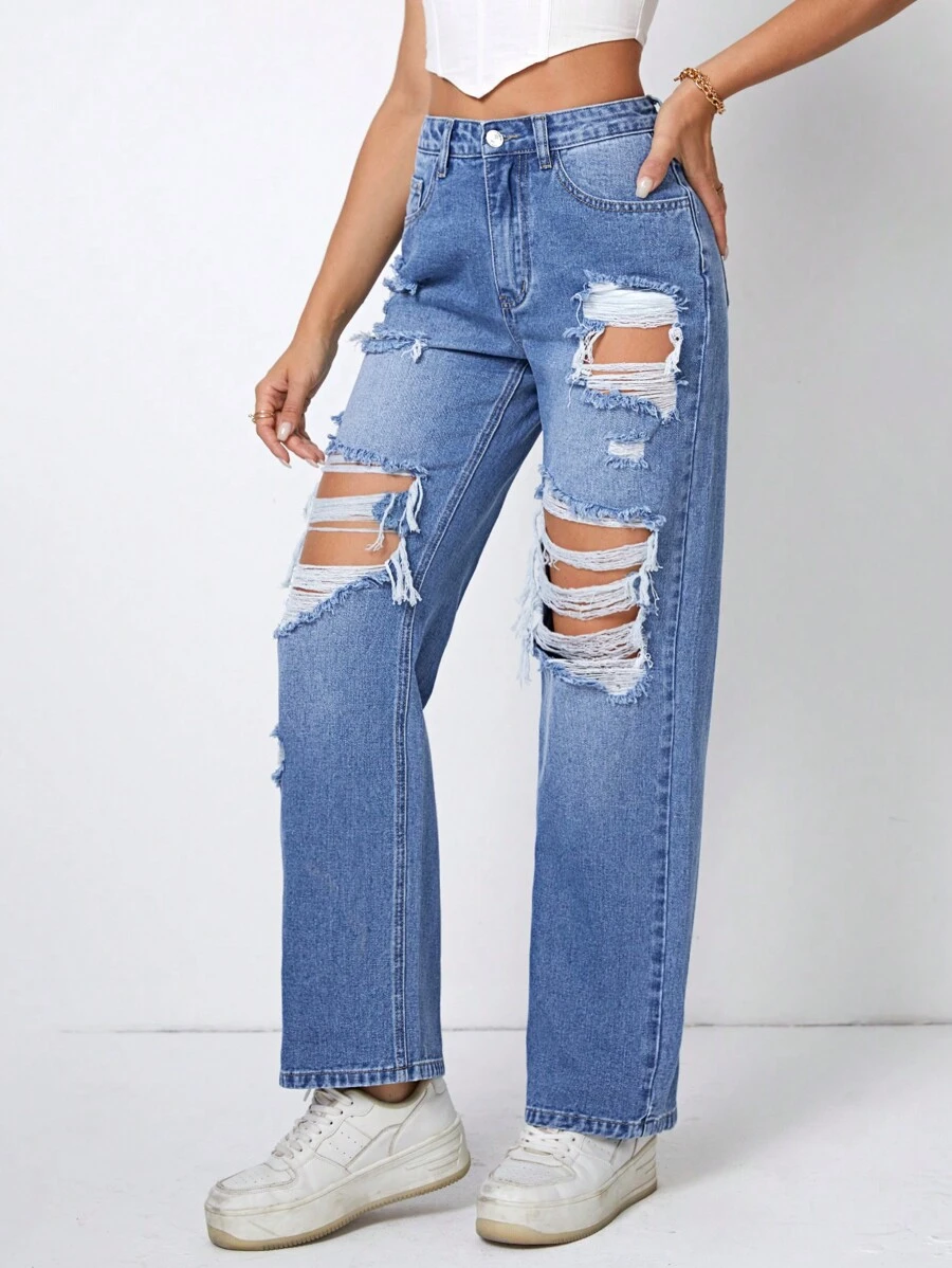 SHEIN Essnce 破洞直筒牛仔褲 - 中等水洗藍 - 查看 1