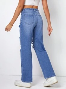 SHEIN Essnce 破洞直筒牛仔褲 - 中等水洗藍 - 查看 3