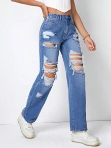 SHEIN Essnce 破洞直筒牛仔褲 - 中等水洗藍 - 查看 5