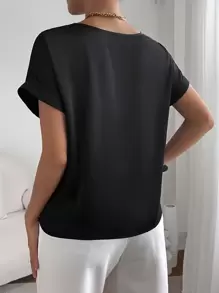 SHEIN Essnce Solid Batwing Sleeve Satin Blouse - Black - View 2