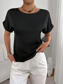 SHEIN Essnce Solid Batwing Sleeve Satin Blouse - Black - View 3