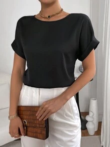 SHEIN Essnce Solid Batwing Sleeve Satin Blouse - Black - View 4