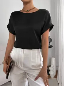 SHEIN Essnce Solid Batwing Sleeve Satin Blouse - Black - View 5