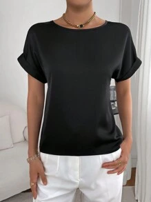 SHEIN Essnce Solid Batwing Sleeve Satin Blouse - Black - View 7