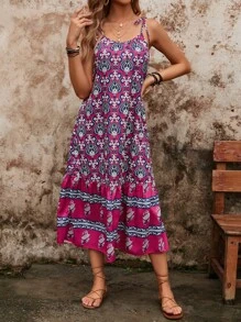 SHEIN VCAY Allover Print Tie Shoulder Ruffle Hem Cami Dress Sundress - Multicolor - View 1