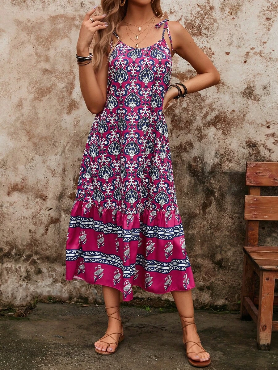 SHEIN VCAY Allover Print Tie Shoulder Ruffle Hem Cami Dress Sundress - Multicolor - View 1