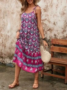 SHEIN VCAY Allover Print Tie Shoulder Ruffle Hem Cami Dress Sundress - Multicolor - View 4