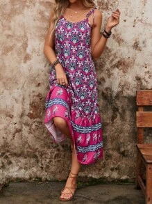 SHEIN VCAY Allover Print Tie Shoulder Ruffle Hem Cami Dress Sundress - Multicolor - View 6