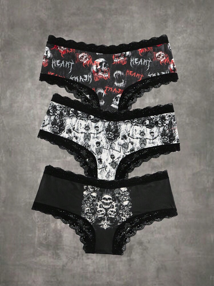 ROMWE Grunge Punk 3包骷髏頭圖案蕾絲拼接內褲套裝 - 彩色 - 查看 1