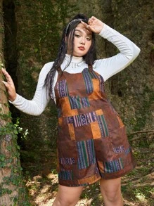 ROMWE Hippie Plus Patchwork Print Overall Romper Without Tee - Multicolor - View 1