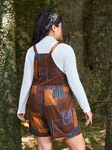 ROMWE Hippie Plus Patchwork Print Overall Romper Without Tee - Multicolor - View 2