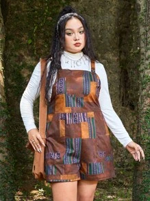 ROMWE Hippie Plus Patchwork Print Overall Romper Without Tee - Multicolor - View 3