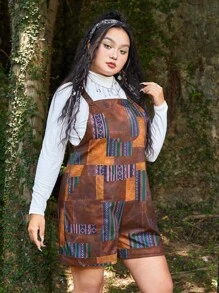 ROMWE Hippie Plus Patchwork Print Overall Romper Without Tee - Multicolor - View 4