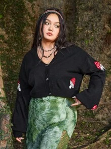 ROMWE Fairycore 大碼蘑菇圖案落肩袖開襟衫 - 黑色 - 查看 3