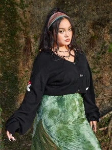 ROMWE Fairycore 大碼蘑菇圖案落肩袖開襟衫 - 黑色 - 查看 5