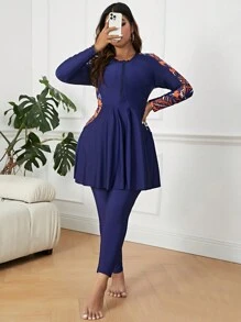SHEIN Swim Curve Plus Tropical Print Zip Front Full Body Burkini Swimsuit - Navy Blue - View 3