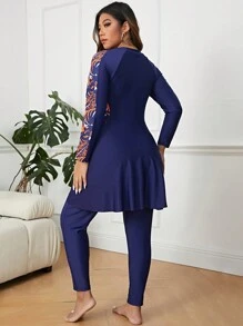 SHEIN Swim Curve Plus Tropical Print Zip Front Full Body Burkini Swimsuit - Navy Blue - View 2
