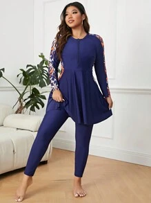 SHEIN Swim Curve Plus Tropical Print Zip Front Full Body Burkini Swimsuit - Navy Blue - View 4