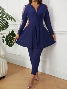 SHEIN Swim Curve Plus Tropical Print Zip Front Full Body Burkini Swimsuit - Navy Blue - View 1