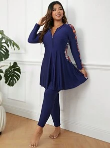 SHEIN Swim Curve Plus Tropical Print Zip Front Full Body Burkini Swimsuit - Navy Blue - View 5