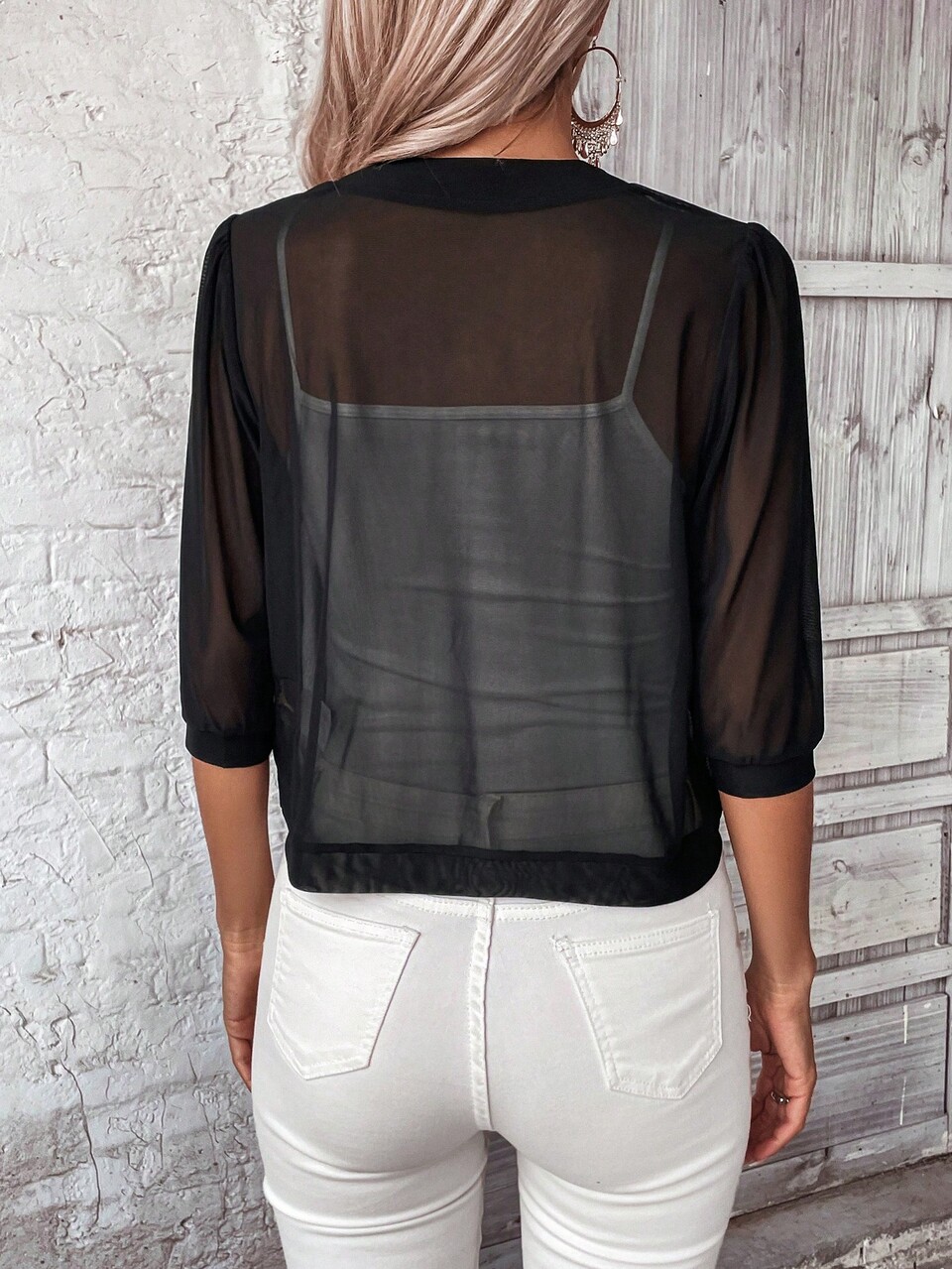 Solid Open Front Sheer Mesh Jacket In Fall/Winter,Casual