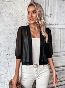 SHEIN LUNE Solid Open Front Sheer Mesh Jacket In Fall/Winter - Black - View 3