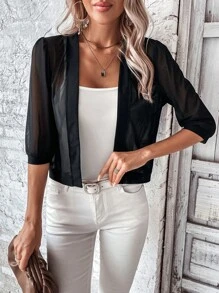 SHEIN LUNE Solid Open Front Sheer Mesh Jacket In Fall/Winter - Black - View 5