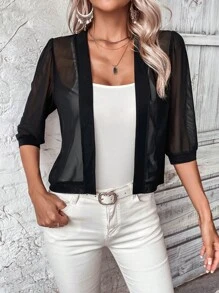 SHEIN LUNE Solid Open Front Sheer Mesh Jacket In Fall/Winter - Black - View 6