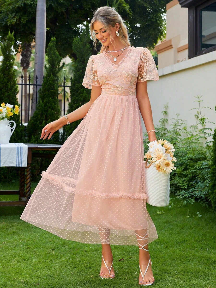 Simplee 花卉刺繡網紗覆蓋褶邊洋裝 - 珊瑚粉 - 查看 1