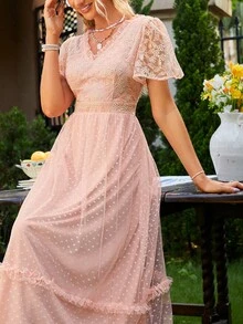 Simplee 花卉刺繡網紗覆蓋褶邊洋裝 - 珊瑚粉 - 查看 3