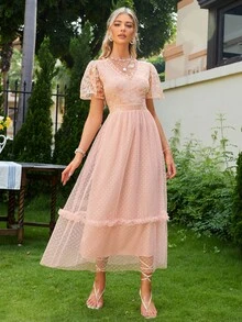 Simplee 花卉刺繡網紗覆蓋褶邊洋裝 - 珊瑚粉 - 查看 4