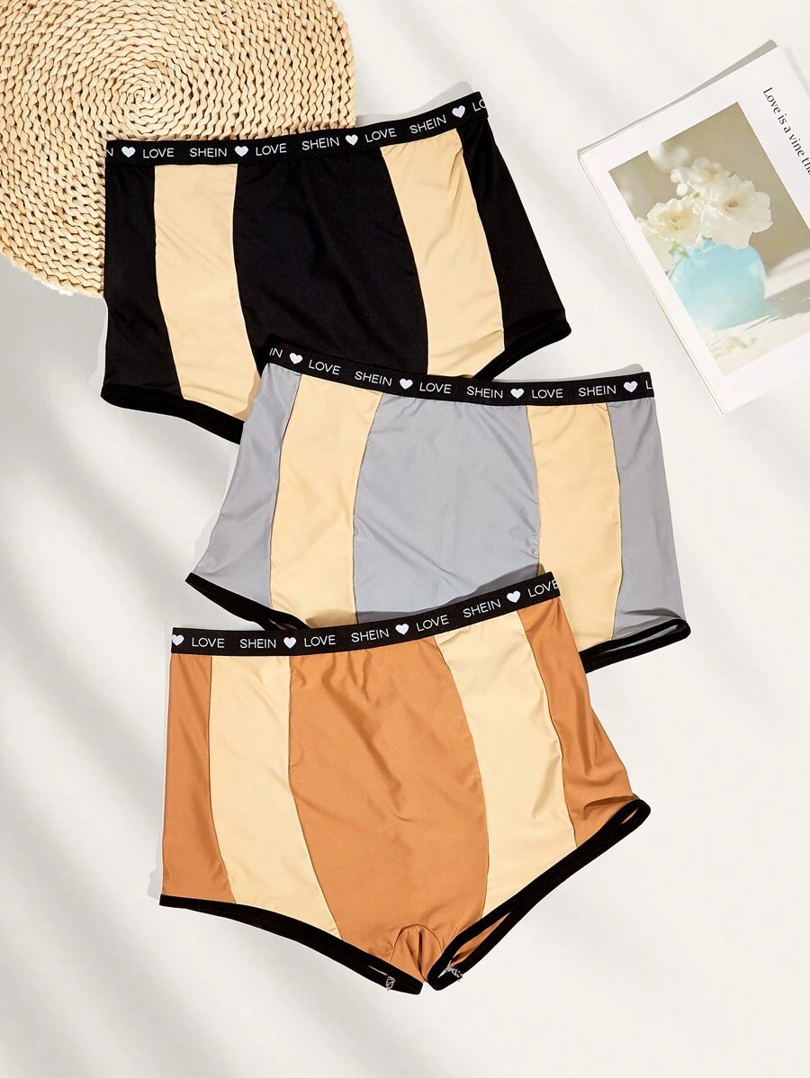 Plus 3pack Letter Graphic Colourblock Contrast Binding Panty - Multicolor - View 1