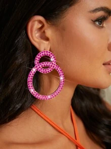 SHEIN SXY 1 Đôi Quyến Rũ Hợp Kim Kẽm Đá Vòng Tròn Thả Bông Tai Nữ Dự Tiệc - Màu Hồng Tươi - Xem 1