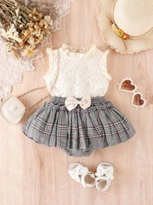 嬰兒褶邊蕾絲上衣和格紋前蝴蝶結裙裤 - 彩色 - 查看 1
