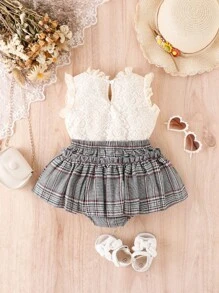 嬰兒褶邊蕾絲上衣和格紋前蝴蝶結裙裤 - 彩色 - 查看 2