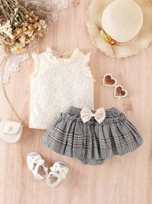 嬰兒褶邊蕾絲上衣和格紋前蝴蝶結裙裤 - 彩色 - 查看 3