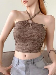 DAZY 纯色环扣系带露背短款露背上衣节日 - 棕色 - 查看 3