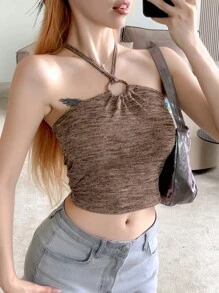 DAZY 纯色环扣系带露背短款露背上衣节日 - 棕色 - 查看 5