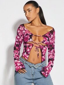 SHEIN BAE Áo nữ Cắt ra Ren lên Xù nhỏ Cà vạt nhuộm Gợi cảm - Màu Hồng Tươi - Xem 1