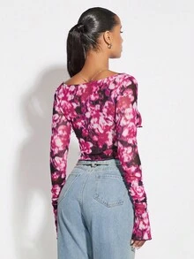 SHEIN BAE Áo nữ Cắt ra Ren lên Xù nhỏ Cà vạt nhuộm Gợi cảm - Màu Hồng Tươi - Xem 2