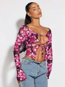 SHEIN BAE Áo nữ Cắt ra Ren lên Xù nhỏ Cà vạt nhuộm Gợi cảm - Màu Hồng Tươi - Xem 3