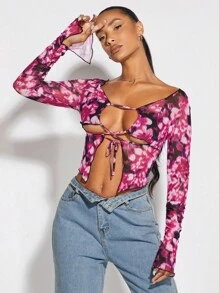 SHEIN BAE Áo nữ Cắt ra Ren lên Xù nhỏ Cà vạt nhuộm Gợi cảm - Màu Hồng Tươi - Xem 4