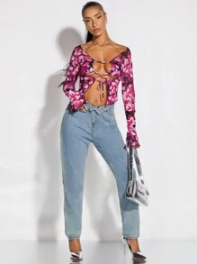 SHEIN BAE Áo nữ Cắt ra Ren lên Xù nhỏ Cà vạt nhuộm Gợi cảm - Màu Hồng Tươi - Xem 5