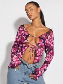 SHEIN BAE Áo nữ Cắt ra Ren lên Xù nhỏ Cà vạt nhuộm Gợi cảm - Màu Hồng Tươi - Xem 6