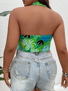 SHEIN Holidaya 大碼滿版印花繞頸短上衣 - 綠色 - 查看 2