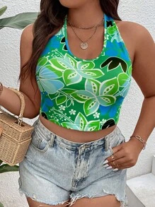 SHEIN Holidaya 大碼滿版印花繞頸短上衣 - 綠色 - 查看 4