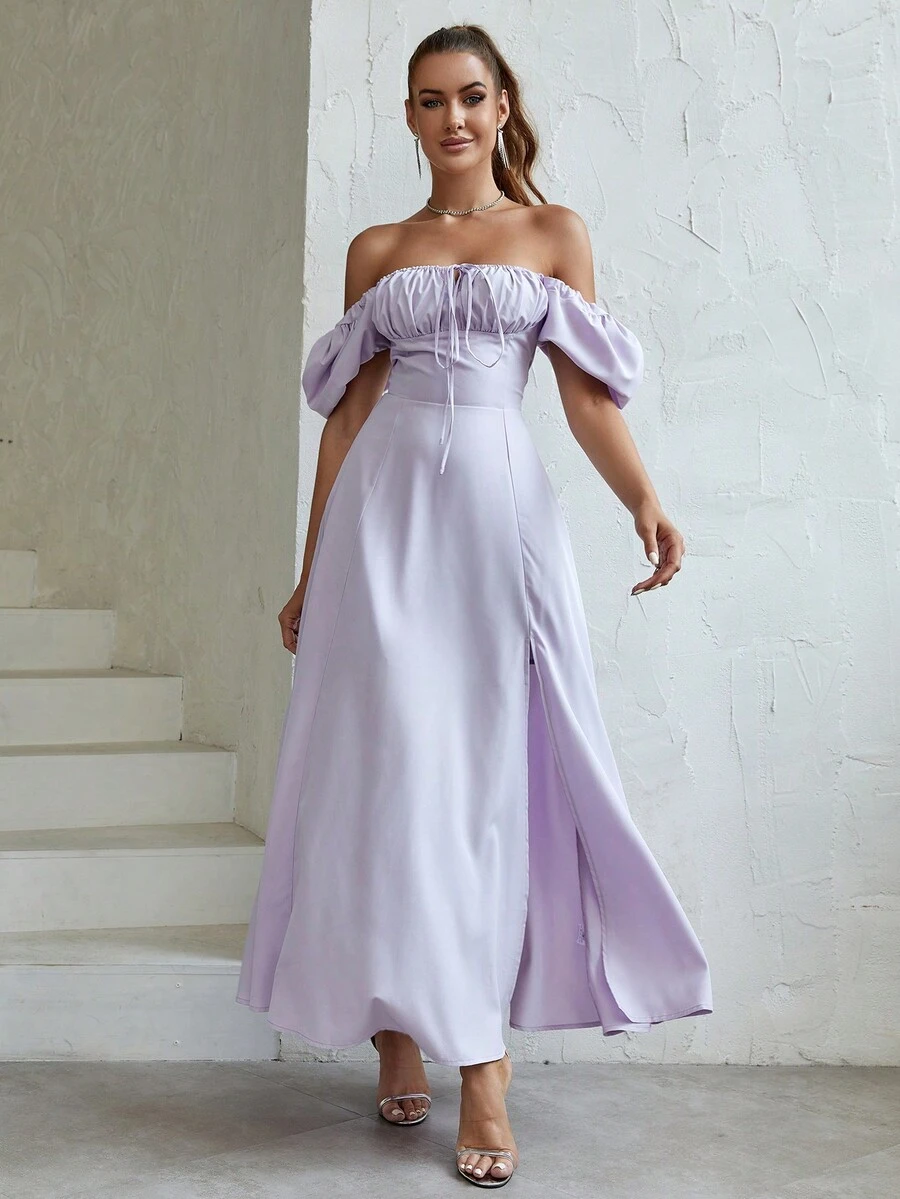 PARTHEA 一字肩前繫帶高衩連衣裙