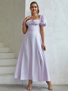 PARTHEA 一字肩前繫帶高衩連衣裙