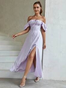 PARTHEA 一字肩前繫帶高衩連衣裙