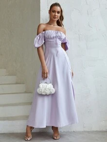 PARTHEA 一字肩前繫帶高衩連衣裙